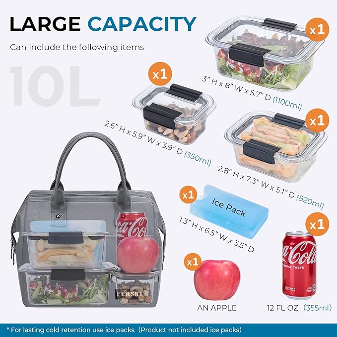 ECHSRT Large Insulated Lunch Bag for Women Men Leakproof Cooler Lunch Tote Bags for Work Travel Adult Thermal Lunchbox for Office -10L Grey
