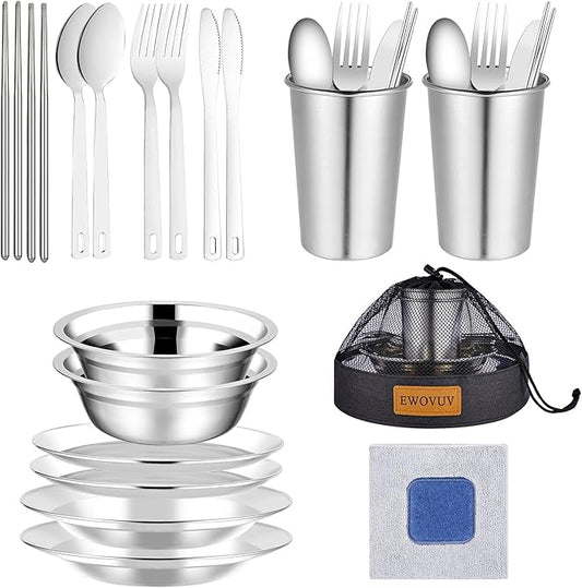 Camping Mess Kit - for Camping 1 to 2 Person boy Scout Camp Dishes Camping Cooking Utensils Accessories Plates Dinnerware Set Outdoor