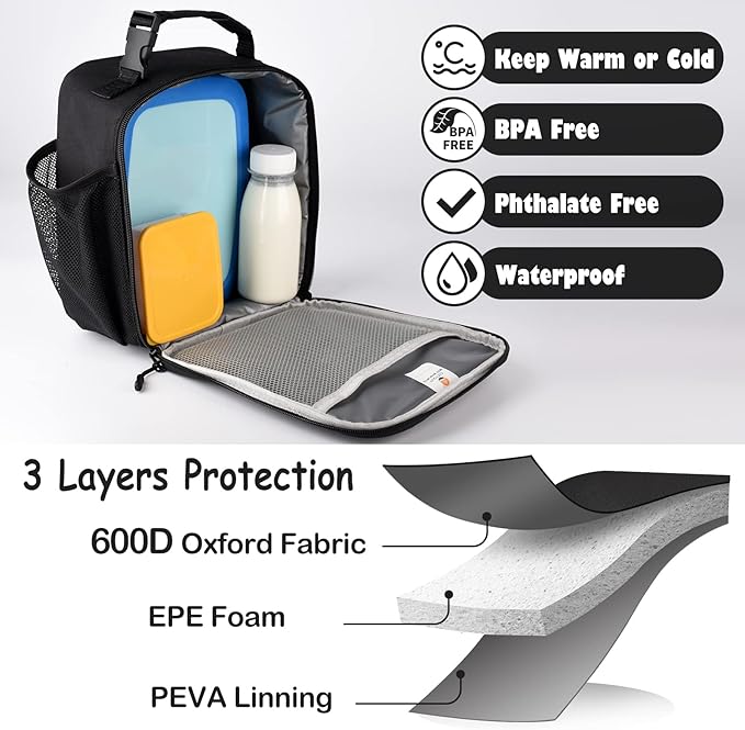 Lunch Box for Men Women Adult,Premium Insulated Lunch Bag,Portable Small LunchBox for School Work Picnic (Black)