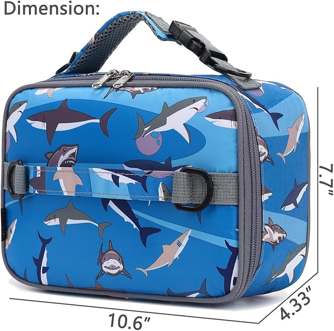 FlowFly Kids Lunch Bag, Durable Insulated School Lunch Box with Shoulder Strap and Bottle Holder, Water-resistant Thermal Small Lunch Cooler Tote for Teen Boys & Girls,Shark