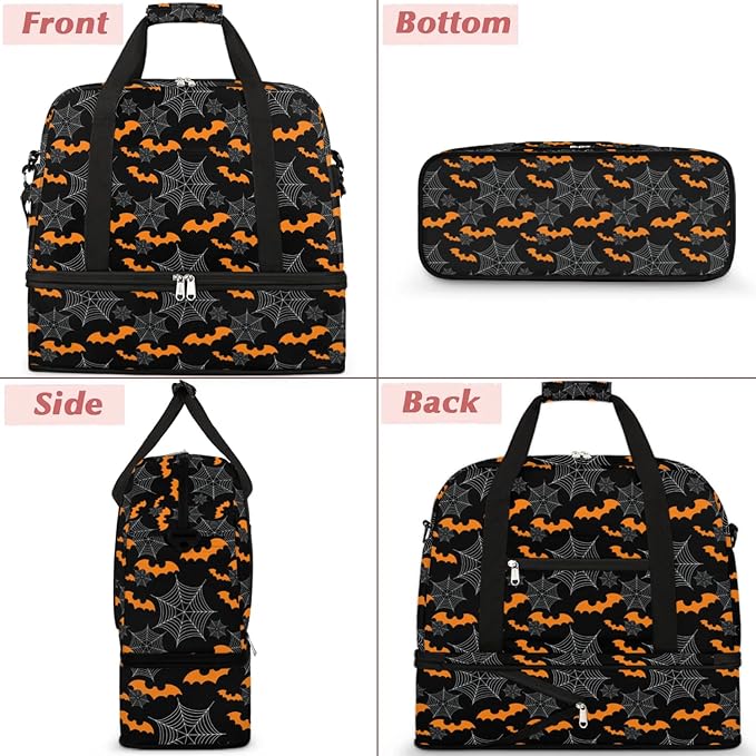 cfpolar Woman Travel Duffel Bag Halloween Bat Spider Web Foldable Tote Carry On Luggage Sports Gym Bag With Shoe Compartment Overnight Weekend Yoga Workout Bag Training Handbag