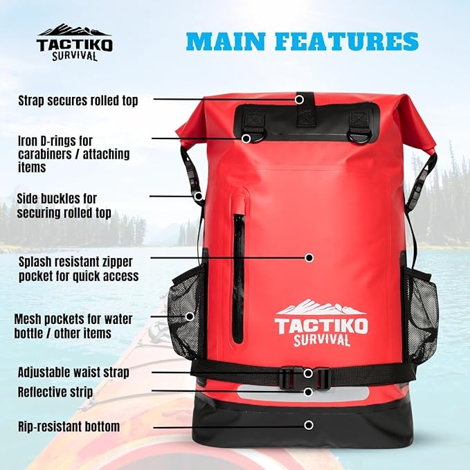 TACTIKO 30L Heavy-Duty 100% Waterproof Backpack, Roll Top Dry Bags for Kayaking, Hiking, Camping, Survival