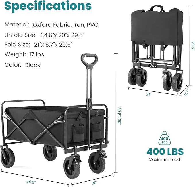 Sweetcrispy Collapsible Foldable Wagon Cart, Large Capacity Garden Cart with Wheels, Heavy Duty Utility Grocery Wagon with Drink Holders for Shopping Sports Camping,Extra Large Black