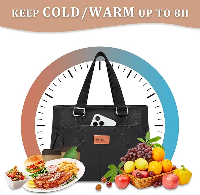 Large Women's Insulated Lunch Bag, Black, 12L, Composite and Aluminum