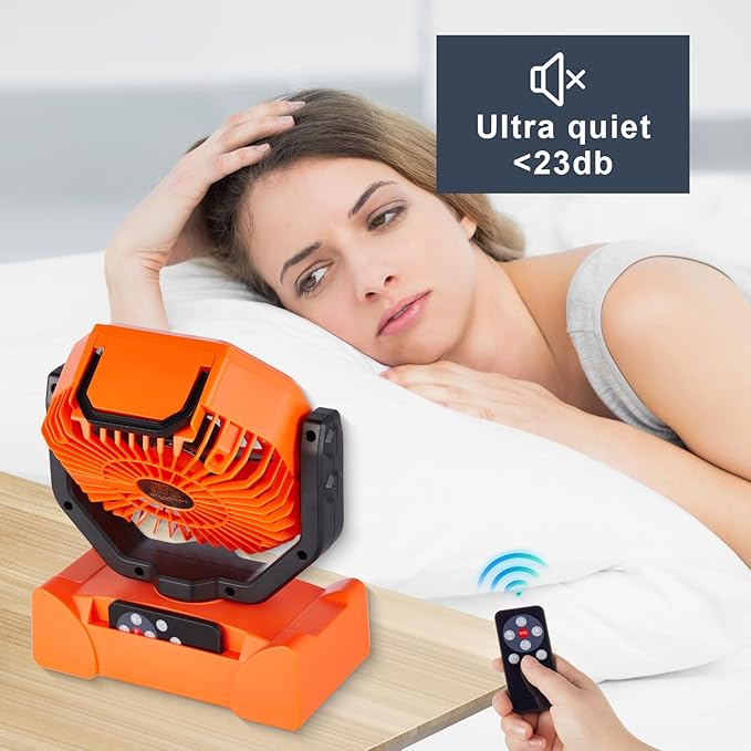 Rechargeable Fan,Operated Camping Battery Powered Fan with Hook&Bright LED Light,Remote Control Timer Auto Oscillation Cordless for Outdoor Power Outage,Tent,Picnic,Barbecue,Fishing,Travel,Home
