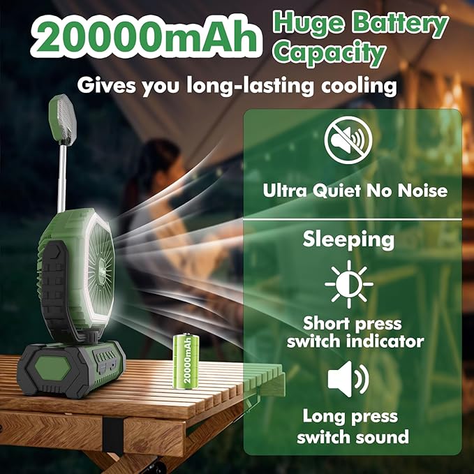 Portable Fan, AI Outdoor Rechargeable Camping Fan with Light, 20000mAh Battery Powered, 360° Rotating Hook, 4 Speeds for Indoor, Traveling, Tenting, RVing, Fishing, Beach (Green)