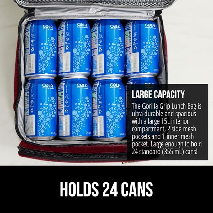 GORILLA GRIP Reusable Insulated Lunch Box Bag for Women Men, XL 15L, Leakproof Soft Cooler Bags, Multiple Compartments, Mesh Pockets and Adjustable Strap, Food Tote Keeps Drinks Cold, 13x9, Burgundy