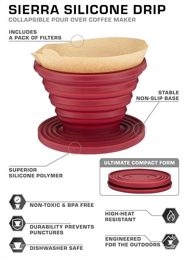 COLETTI Sierra Pour Over Coffee Dripper — Collapsible Pour Over Coffee Dripper — Includes Pack of Paper Filters [Red, Pack of 2]