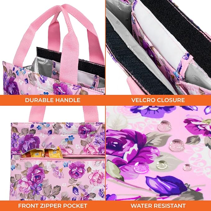opux Lunch Bag for Women, Insulated Lunch Box Tote for Girls Kids Adult School Work, Reusable Womens Lunch Tote for Office Travel, Cute Small Lunch Tote, Fits 12 Cans - Pink Floral Purple