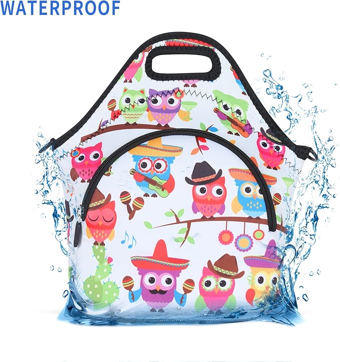 Violet Mist Owl 4 Neoprene Lunch Bag Reusable Insulated Cartoon Meal Holder with Adjustable Shoulder Strap, 12.6"L x 11.8"H x 6.3"W