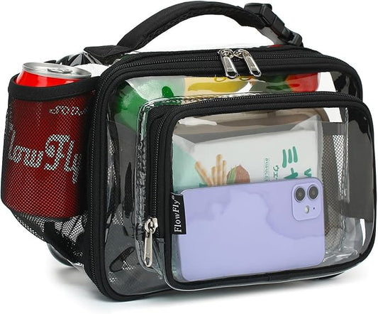 FlowFly Clear Kids Lunch Box, See Through Plastic Lunch Bag with buckle for Boys & Girls, Stadium Approved Clear Bag with Front Pocket for Work Concerts Sports Events Festivals