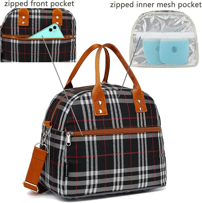 FlowFly Insulated Lunch Bag With Shoulder Strap for Women, Men, and Kids, Large and Reusable, Handle, Freezable Work and School Travel Tote and Meal Prep Organizer (W&B)