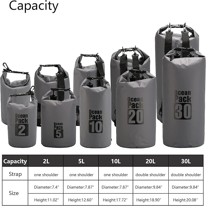 Dry Sack/Floating Waterproof Bag 2L/5L/10L/20L/30L for Boating, Kayaking, Hiking, Snowboarding, Camping, Rafting, Fishing and Backpacking