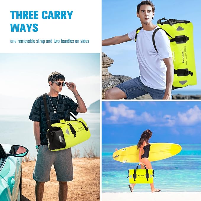 WILD HEART Waterproof Motorcycle Duffel Bag PVC500D Double-bottom With Rope Straps and Inner Pocket 40L 66L 100L for Kayaking, Camping, Boating,Motorcycle