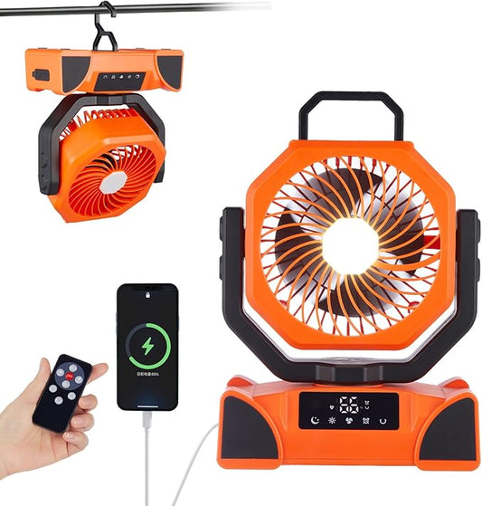 Rechargeable Fan,Operated Camping Battery Powered Fan with Hook&Bright LED Light,Remote Control Timer Auto Oscillation Cordless for Outdoor Power Outage,Tent,Picnic,Barbecue,Fishing,Travel,Home