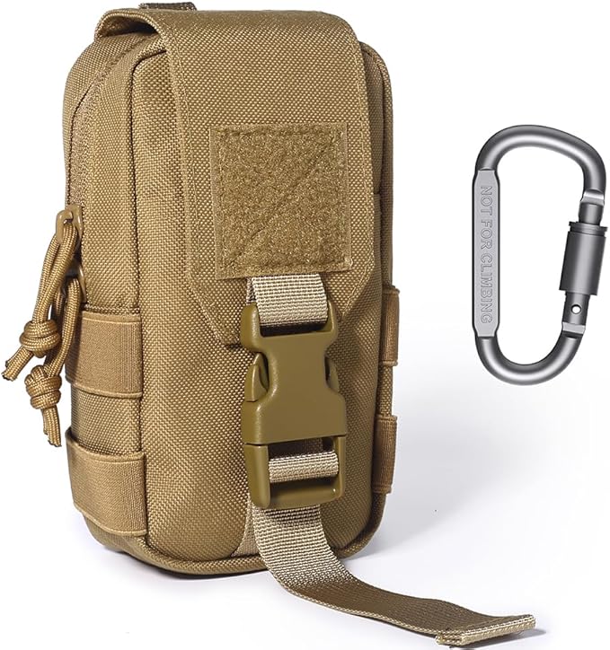 Tactical MOLLE Pouch - 1000D Nylon EDC Organizer, Compact Belt Pouch for Outdoor Gear, Hiking & Camping Accessories with Bonus Carabiner (Khaki)