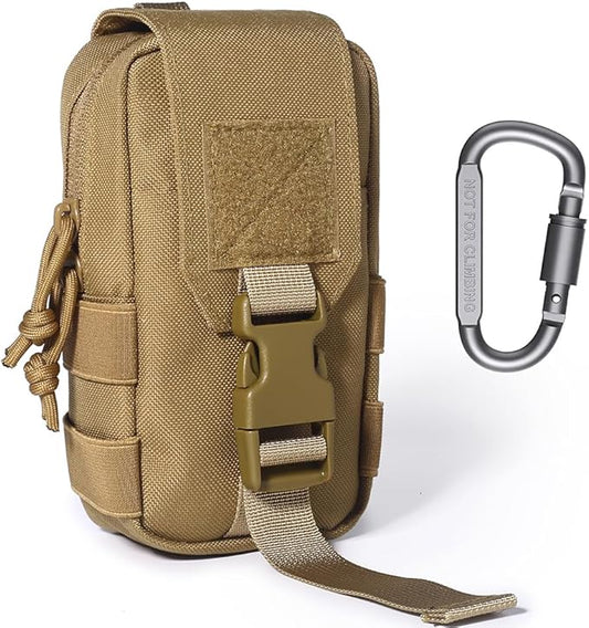 Tactical MOLLE Pouch - 1000D Nylon EDC Organizer, Compact Belt Pouch for Outdoor Gear, Hiking & Camping Accessories with Bonus Carabiner (Khaki)