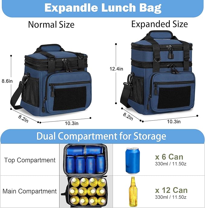 GLENKEY Double Deck Insulated Lunch Box, Expandable Large Lunch Bag Leakproof Cooler Bag Lunch Pail for Men Women Adults Work Shifts Travel Daytrip,16L,Blue
