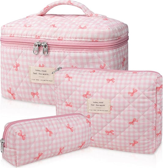 3PC Makeup Bag Set, Quilted Makeup Bag, Large Floral Cosmetic Bag for Women, Cute Cotton Makeup Bags, Flower Travel Toiletry Organizer Bag(Pink Plaid Bow)