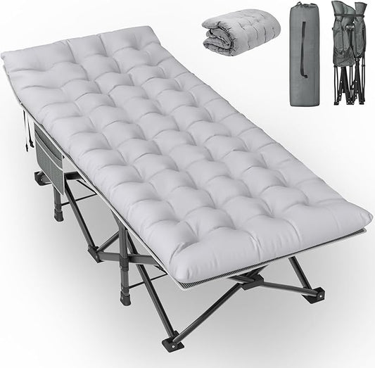 Slendor Oversized XXL Camping Cot, Folding Cot for Adults, 79" L x 32" W x 19" H Sleeping Cot with Mattress, Carry Bag, Camp Cot Bed for Travel, Guest, Support 500lbs, Stripe Grey Cot+ Grey Pad