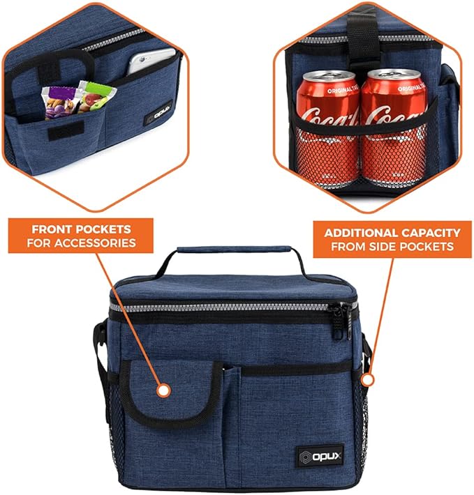 opux Insulated Lunch Bag for Men Women, Leakproof Heather Navy Lunch Box for Work, Portable Soft Lunch Cooler Bag with Shoulder Strap, Adult Lunchbox Lunch Pail for Kid Boy Girl School, 14 Can/8L