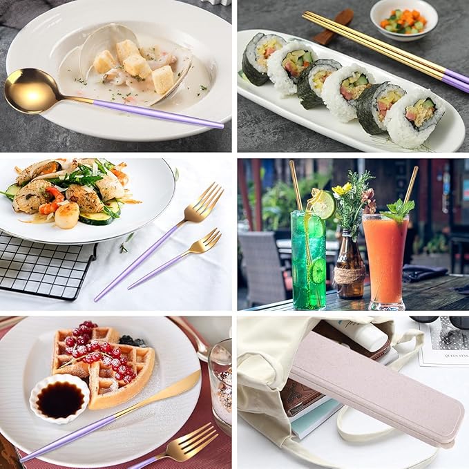 AARAINBOW 8 Pieces Stainless Steel Flatware Set Portable Reusable Cutlery Set Travel Utensils Set Including Chopsticks Knife Fork Spoon Straws Cleaning Brush Dishwasher Safe (Purple Golden)