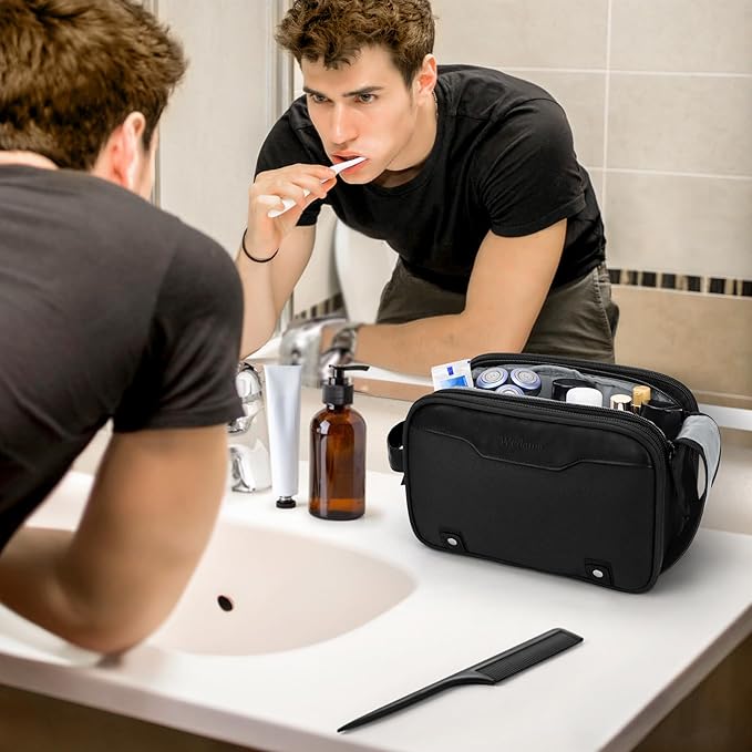 Wedama Toiletry Bag for Men, Medium Hanging Travel Toiletry Bag, Extra Electronic Organizer Bag Waterproof Shaving Bag for Toiletries with PU Handle for Travel Business Trips Swim Camping, Black