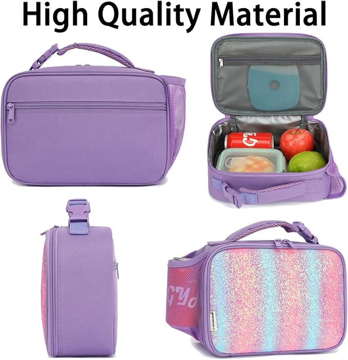 Insulated Lunch Box for School, Thermal Reusable Durable Freezable Lunch Bags for Kids Boys Girls Men Women - Small Soft Cooler Portable Lunch Tote Kit for Work Picnic Travel,Purple Glitter