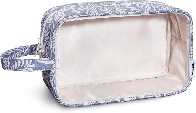 Narwey Clear Makeup Bag Cosmetic Bag with Zipper for Travel, Clear Toiletry Bags for Traveling Toiletries Women Men, Make Up Pouch with Handle, Skincare Bag (Blue Leaf)