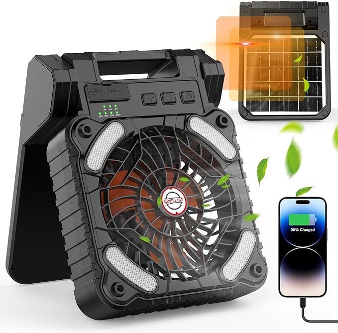 Solar Camping Fan with 10400mAh Built-in Rechargeable Battery,Dual-Power Outdoor Fan,Portable Fan with Timer,Phone Charging,LED Lantern,for Camping,Fishing,Power Outage,Hurricane(Black-Orange)