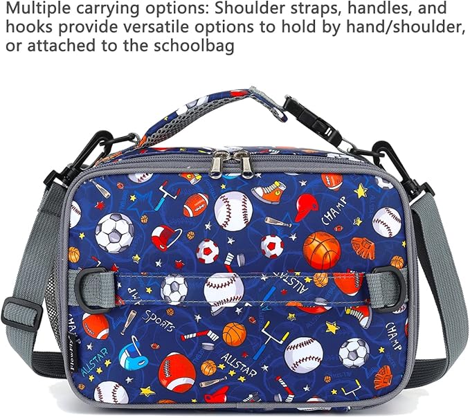FlowFly Kids Lunch Bag, Durable Insulated School Lunch Box with Shoulder Strap and Bottle Holder, Water-resistant Thermal Small Lunch Cooler Tote for Teen Boys & Girls,Rugby