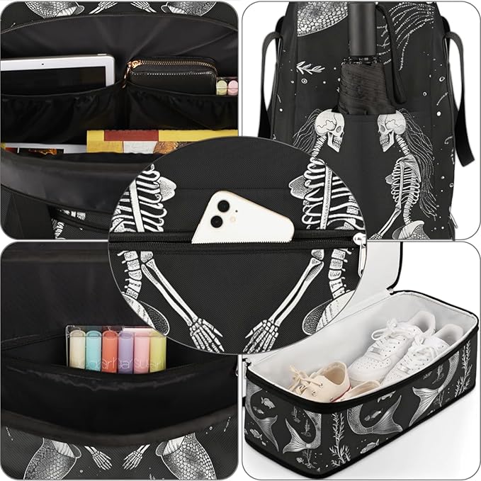 cfpolar Woman Travel Duffel Bag Skull Mermaid Foldable Tote Carry On Luggage Sports Gym Bag With Shoe Compartment Overnight Weekend Yoga Workout Bag Training Handbag
