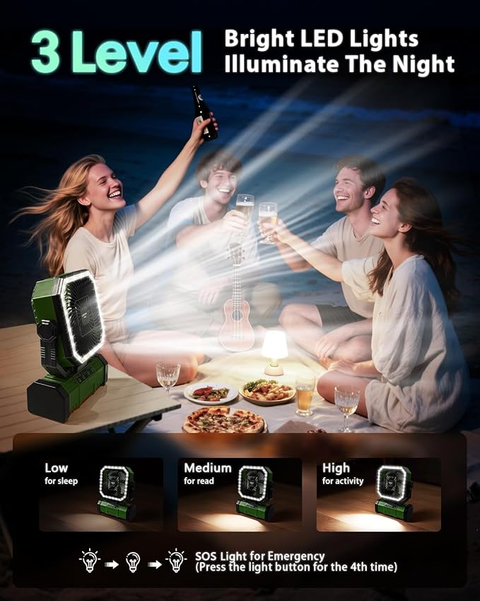 Portable Camping Fan, 20000mAh Rechargeable Battery Operated Oscillating Fan for Tents, 4 Speeds, 360° Rotation Hook, LED Light for Outdoor RV Travel Essentials- Green(No Bluetooth Speaker)