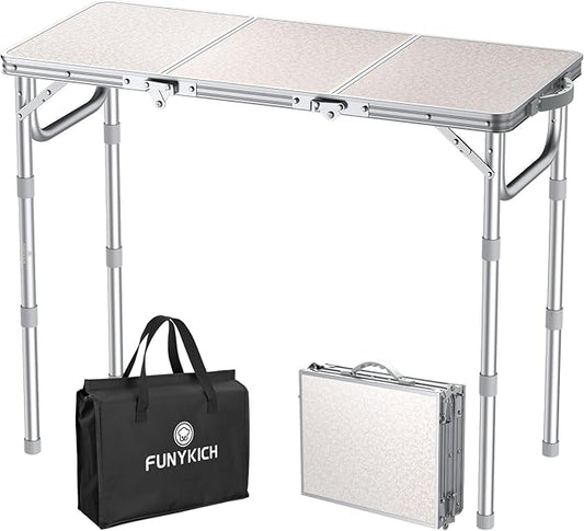 FUNYKICH 3ft Folding Camping Table with 3 Adjustable Height, 34.2'' Lx15.7'' W Portable Picnic Tables, Lightweight Aluminum Outdoor Table with Carry Handle for Camping, Backyard BBQ, Picnic, Beach