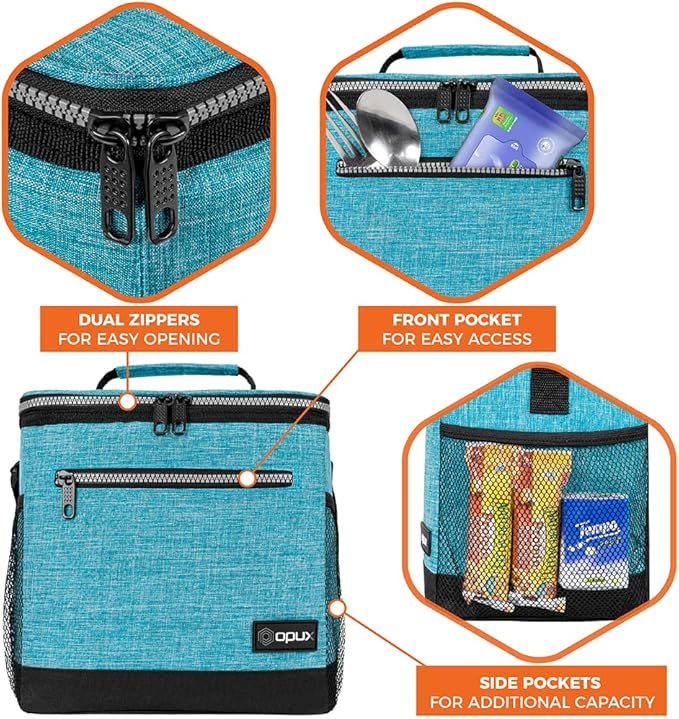opux Extra Large Insulated Lunch Box Men Women, Lunch Bag for Work, Leakproof Soft Cooler Tote Adult, Lunch Pail, Picnic Beach Collapsible Food Bag with Shoulder Strap, Turquoise Blue
