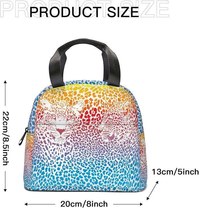 Giwawa Rainbow Leopard Print Lunch Bag for Kids Girls Boys Colorful Cheetah Animal Insulated Lunch Box Reusable Thermal Lunch Cooler Tote Bags with Front Pocket for Men Women Picnic Travel