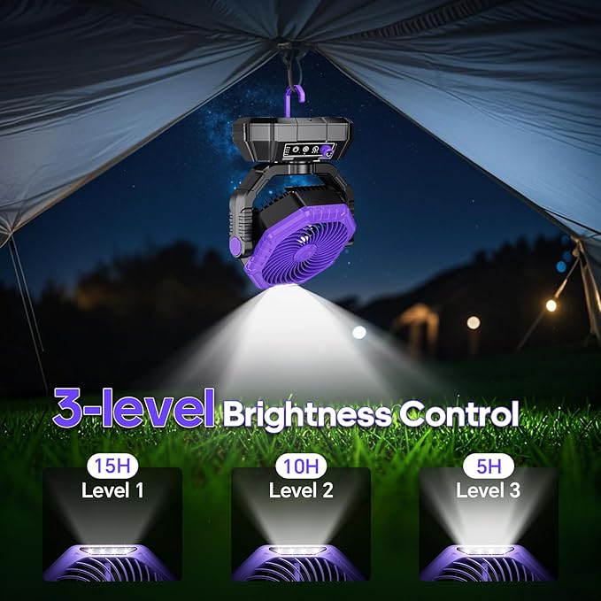 AJVV Camping Fan Rechargeable, Battery Powered Fan With Remote Controller, LED Light, Dual-Blade, Stepless Speed, 45°/90°/270° Swing,Timer, Portable fan For Travel/Tent/Beach/Fishing,Violet