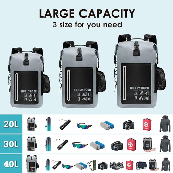 Waterproof Backpack 20L/30L/40L- Roll Top Closure Bag - Hiking Backpack - Lightweight Durable Floating Dry Bag with IPX8 Waterproof Phone Case