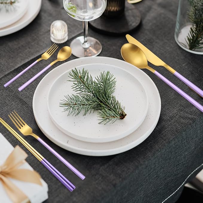 AARainbow 8 Pieces Stainless Steel Flatware Set Portable Reusable Cutlery Set Travel Utensils Set Including Chopsticks Knife Fork Spoon Straws Cleaning Brush Dishwasher Safe (B-Purple Golden)