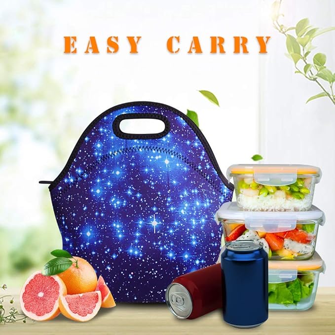 LOVAC Neoprene Lunch Bags,Reusable Lunch Tote,Durable and Waterproof Lunch Bag,Insulated Soft and Lightweight (Blue Stars)
