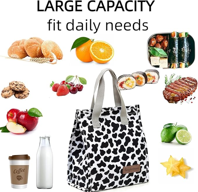 Lunch bag, Insulated Lunch Bag for Women Men, Lunch Containers Reusable Lunch Tote Bags for Work, Travel, Outdoor (Cow Print)