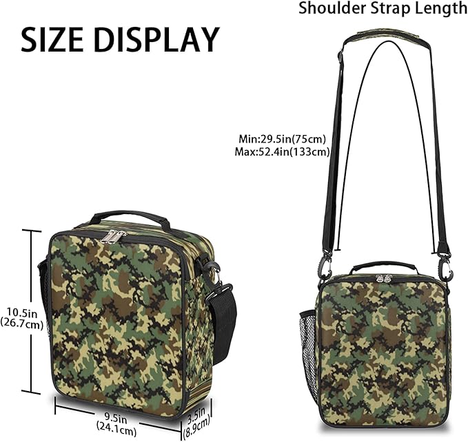 Pardick Camouflage Themed Boys Lunch Bag,Camo Army Green Kids Insulated Lunch Box with Adjustable Shoulder Strap Waterproof Lunch Bento Tote Bag Thermal Lunch Box for School Picnic Travel Outdoor