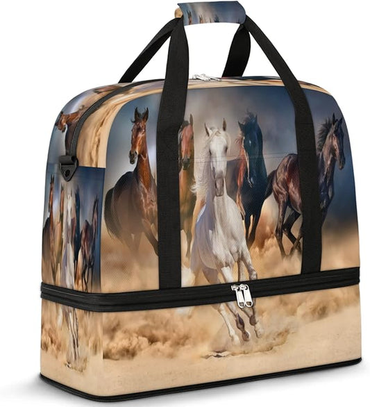 Running Horse Foldable Travel Duffel Bag, Expandable Sports Gym Bag with Shoes Compartment Weekender Overnight Totes Bags for Women Men