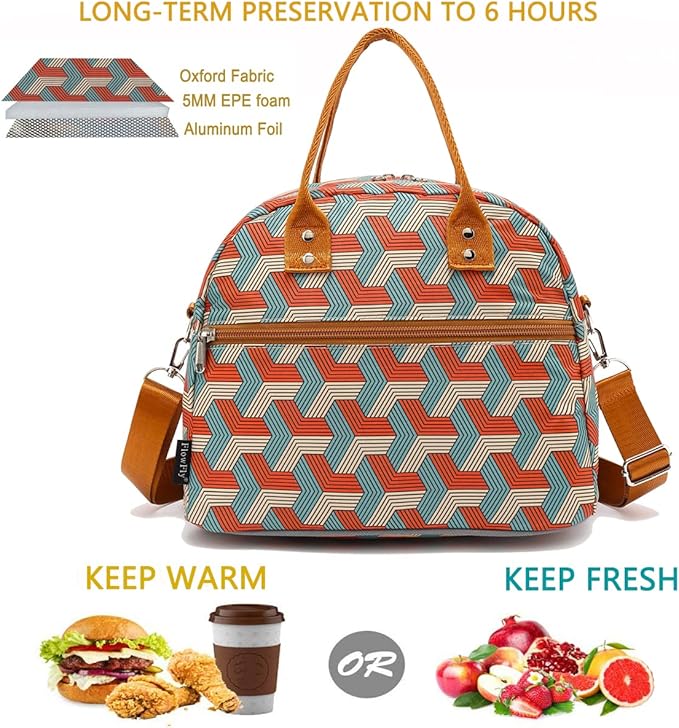 FlowFly Insulated Lunch Bag With Shoulder Strap for Women, Men, and Kids, Large and Reusable, Handle, Freezable Work and School Travel Tote and Meal Prep Organizer,Stereoscopic Red