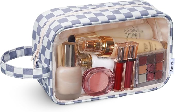 Narwey Checkered Clear Makeup Bag Cosmetic Bag with Zipper for Travel, Clear Toiletry Bags for Traveling Toiletries Wome Men, Make Up Pouch with Handle, Skincare Bag (Grayish Blue Checkerboard)