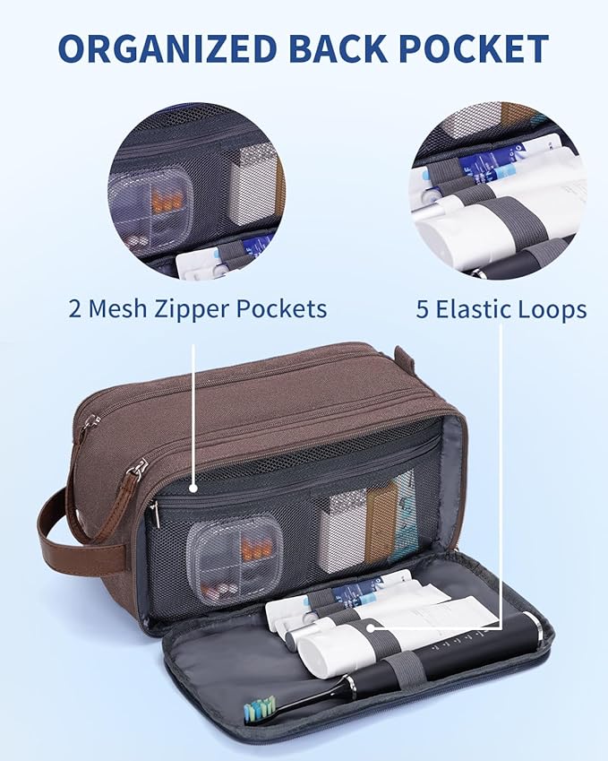 WANDF Toiletry Bag for Men Travel Toiletry Organizer Canvas and Leather Dopp Kit Water-Resistant Shaving Bag for Travel Accessories (Brown, Patent Pending)