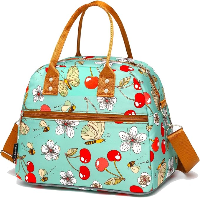 FlowFly Insulated Lunch Bag With Shoulder Strap for Women, Men, and Kids, Large and Reusable, Handle, Freezable Work and School Travel Tote and Meal Prep Organizer,Turquoise Cherry