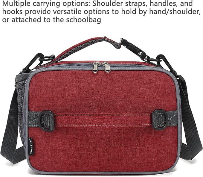 FlowFly Kids Lunch Bag, Durable Insulated School Lunch Box with Shoulder Strap and Bottle Holder, Water-resistant Thermal Small Lunch Cooler Tote for Teen Boys & Girls,Red