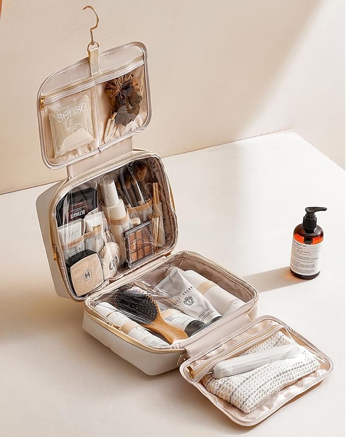 EACHY Toiletry Bag with Hanging Hook, Travel Makeup Bag PU Leather Cosmetic Bags for Women Make Up Organizer with 4 Compartments Waterproof Full-Size Portable Travel Essentials (Beige)