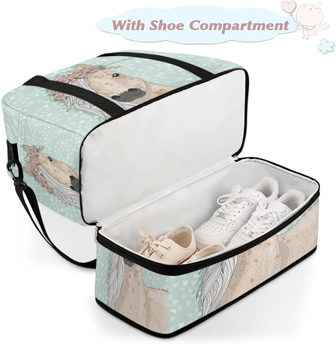 Flower Horse Foldable Travel Duffel Bag, Expandable Sports Gym Bag with Shoes Compartment Weekender Overnight Totes Bags for Women Men
